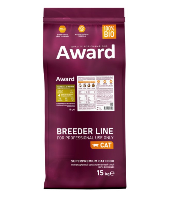 Сухой корм для кошек Award Cat Hairball & Indoor (утка, индейка) (15 кг)