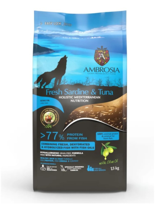 Сухой корм для взрослых собак AMBROSIA MEDITERRANEAN (сардина, тунец) (1,5 кг)
