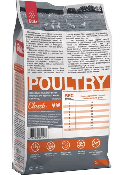 Сухой корм для кошек Blitz Classic Poultry Adult Cat All Breeds (домашняя птица) (10 кг)