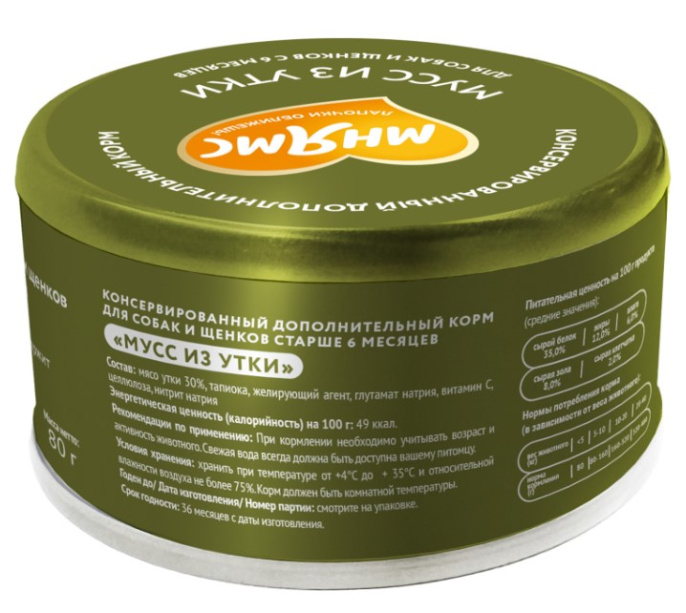 Влажный дополнительный корм для собак и щенков старше 6 месяцев Мнямс На каждый день Мусс из утки (80 гр.)