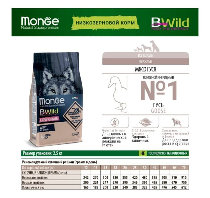 Сухой корм для собак Monge Dog BWild LG Adult All Breeds (гусь) (2,5 кг)
