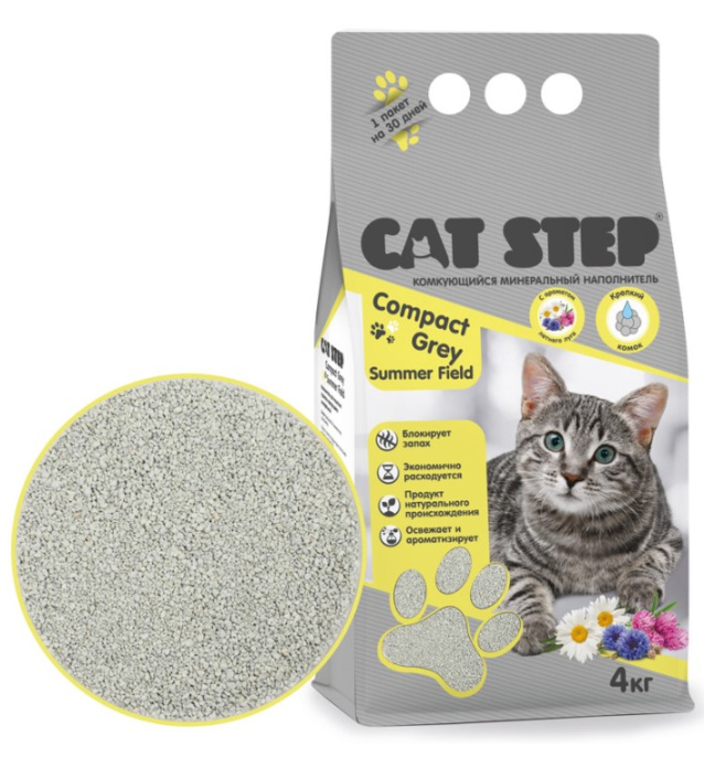 Наполнитель серый комкующийся минеральный CAT STEP Compact Grey Summer Field, 4 кг (4 кг)