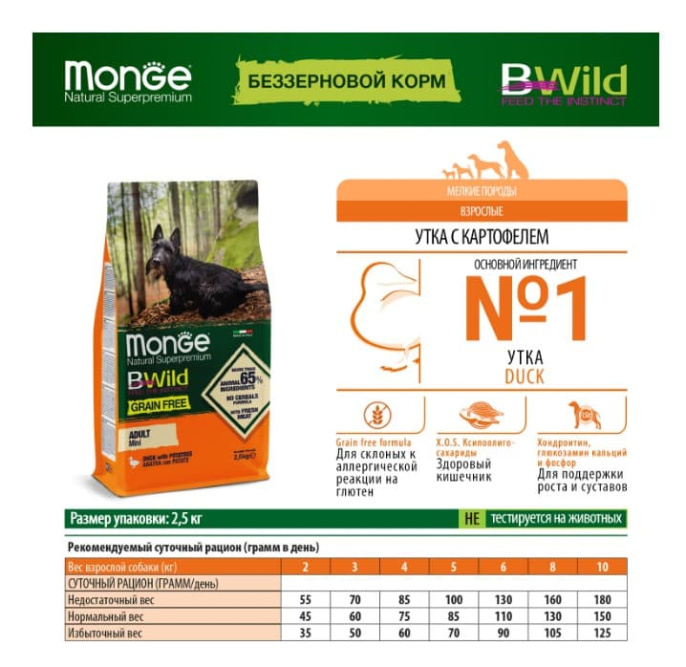 Сухой корм для собак Monge Dog BWild GF Adult Mini (утка, картофель) (2,5 кг)