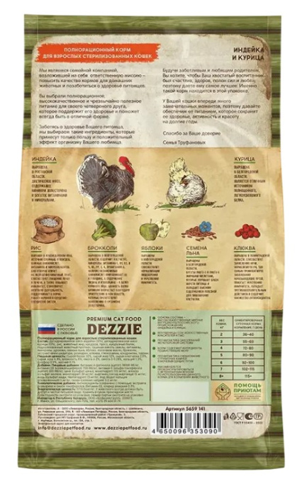 Сухой корм для кошек DEZZIE Sterilized Adult Cat (индейка,курица) (400 гр)