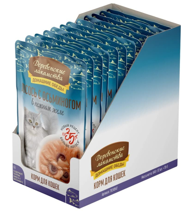Влажный корм для кошек "Деревенские лакомства" Лосось с осьминогом в нежном желе (70 гр.)