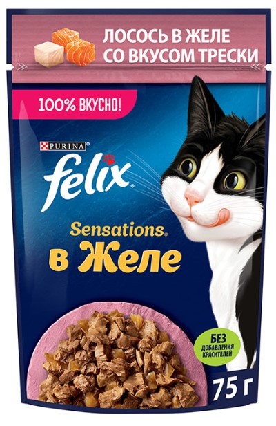 Влажный корм для кошек Felix Sensations в желе (лосось, треска) (75 гр)