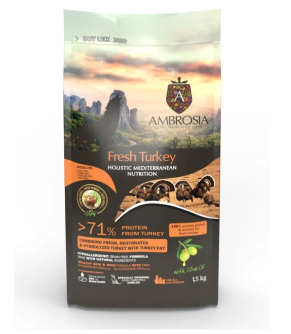 Сухой корм для взрослых собак AMBROSIA MEDITERRANEAN (индейка) (1.5 кг)