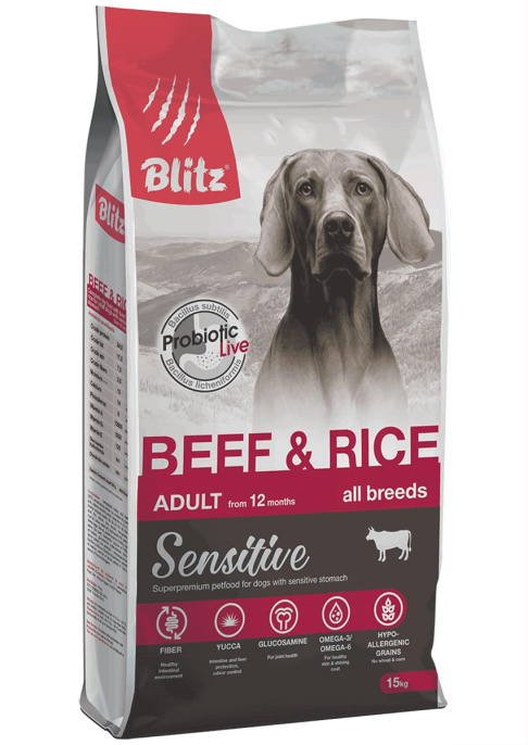 Сухой корм для собак Blitz Sensitive Adult Dog All Breeds (говядина, рис) (15 кг)