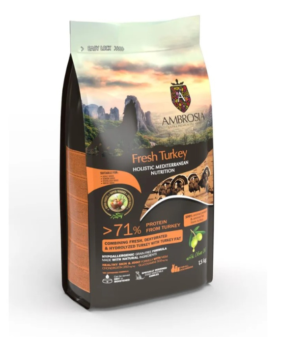 Сухой корм для взрослых собак AMBROSIA MEDITERRANEAN (индейка) (1.5 кг)