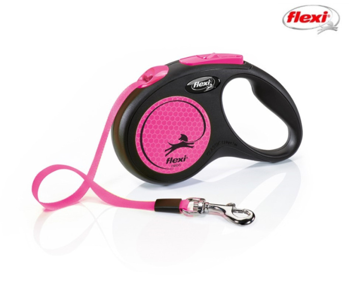Поводок-рулетка Flexi Neon (лента) неоново-розовый (S, 15кг/5м)