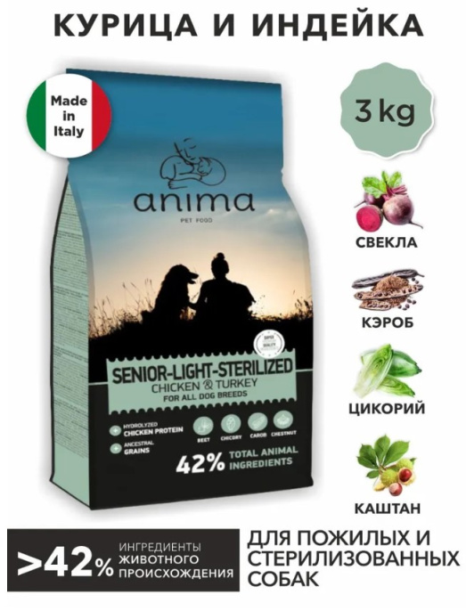 Сухой корм для пожилых собак ANIMA (курица, индейка) (14 кг)