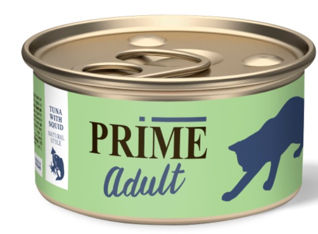 Консервы для кошек PRIME Adult Cat в собственном соку (тунец, кальмар) (70 гр)