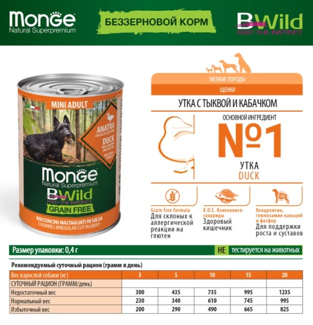 Консервы для собак Monge BWild GF Dog Adult Mini (утка) (400 гр.)