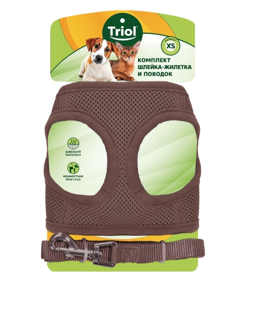 Комплект шлейка-жилетка и поводок нейлоновый TRIOL коричневый (S 350 мм)