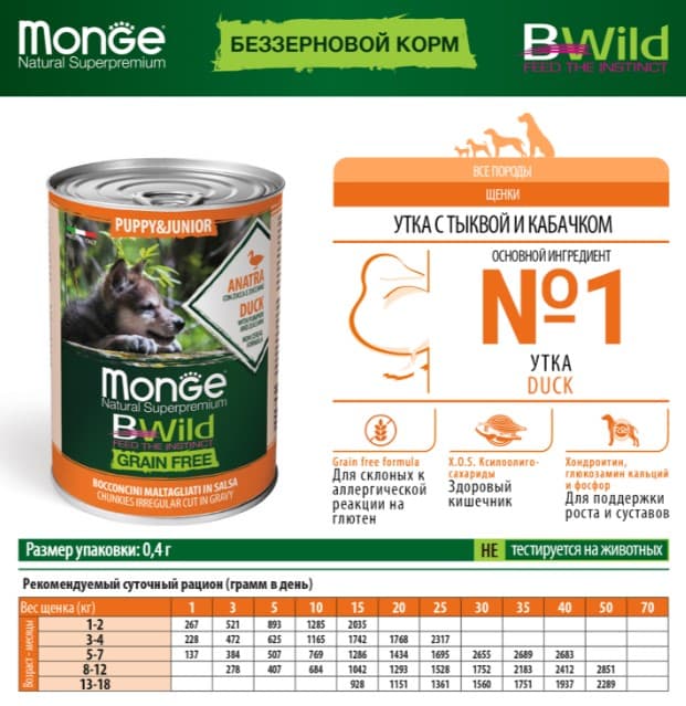 Консервы для щенков Monge BWild GF Puppy & Junior (утка) (400 гр.)