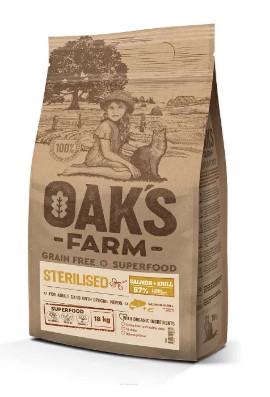 Сухой корм для стерилизованных кошек OAK'S FARM Grain Free Sterilised Adult Cat (лосось, криль) (400 гр)
