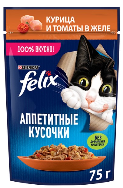 Влажный корм для кошек Felix Аппетитные кусочки в желе (курица,томаты) (75 гр)