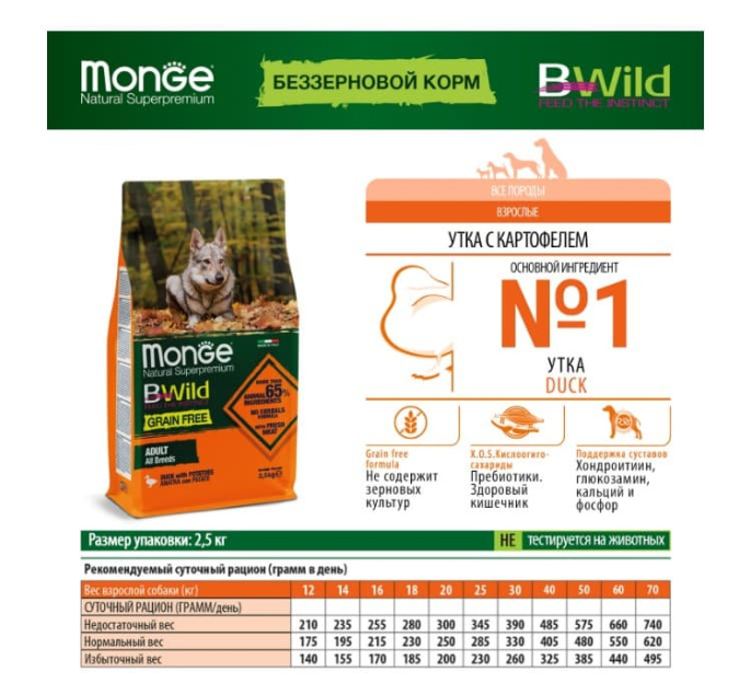 Сухой корм для собак Monge Dog BWild GF Adult All Breeds (утка, картофель) (2,5 кг)