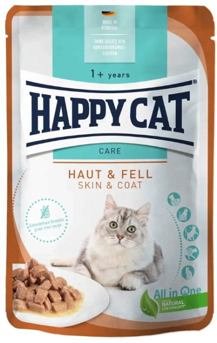Влажный корм для кошек Happy Cat Care Meat in Sauce Haut & Fell Adult Cat кусочки в соусе (85 гр)