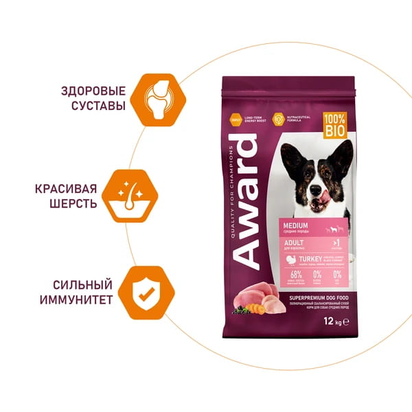 Сухой корм для собак средних пород Award Adult Medium Dog (индейка, курица) (12 кг)