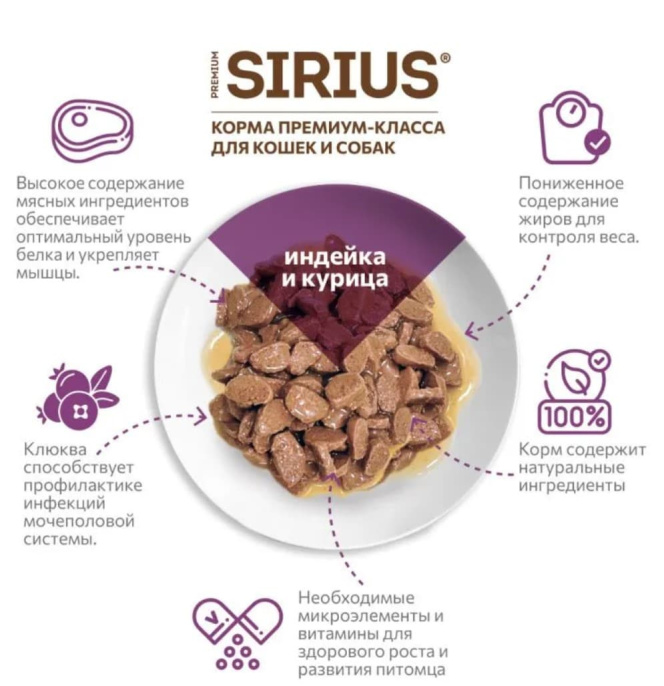 Влажный корм для стерилизованных кошек Sirius Adult Cat (индейка, курица) (85 гр.)