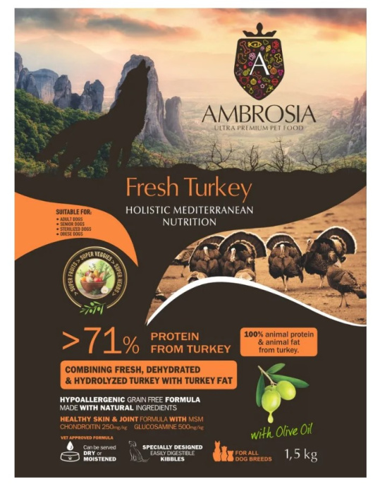 Сухой корм для взрослых собак AMBROSIA MEDITERRANEAN (индейка) (1.5 кг)