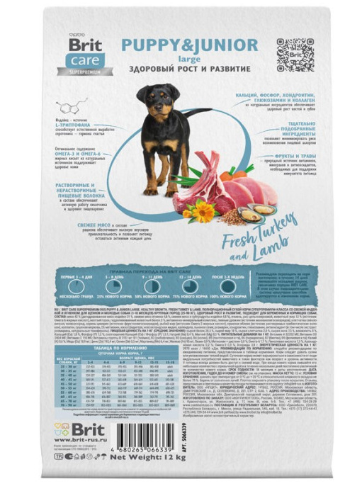 Сухой корм для щенков Brit Care Dog Puppy&Junior L Healthy Growth (индейка, ягненок) (12 кг)