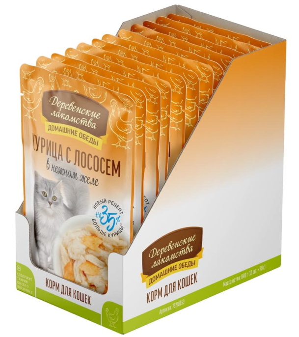 Влажный корм для кошек Деревенские лакомства Курица с лососем в нежном желе (70 гр.)