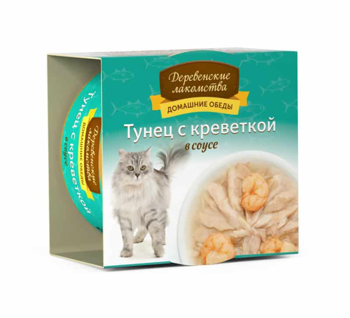 Влажный корм для кошек Деревенские лакомства Домашние обеды "Тунец с креветкой в соусе" 80 гр
