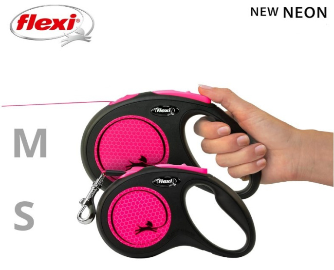 Поводок-рулетка Flexi Neon (лента) неоново-розовый (S, 15кг/5м)