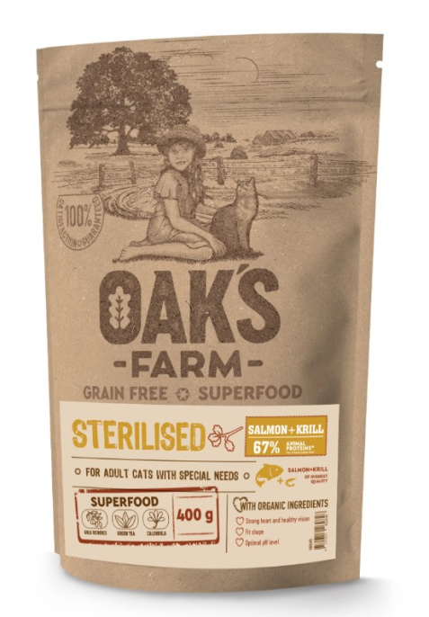 Сухой корм для стерилизованных кошек OAK'S FARM Grain Free Sterilised Adult Cat (лосось, криль) (18 кг)