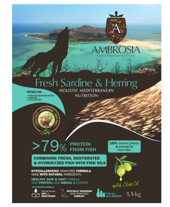 Сухой корм для щенков и молодых собак AMBROSIA MEDITERRANEAN (сардина, сельдь) (1.5 кг)