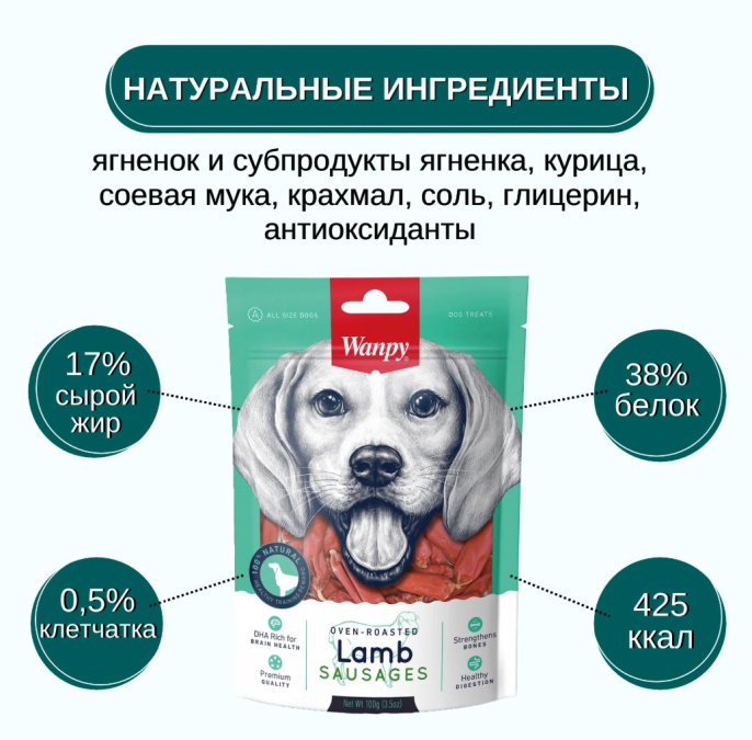 Лакомство для собак Wanpy Dog Сосиски из мяса ягненка (100 гр)