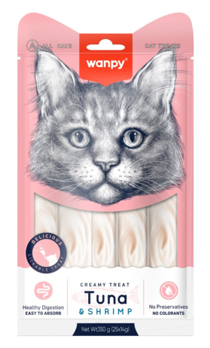 Лакомство для кошек Wanpy Cat Нежное пюре из тунца и креветок (5 шт х 14 гр)