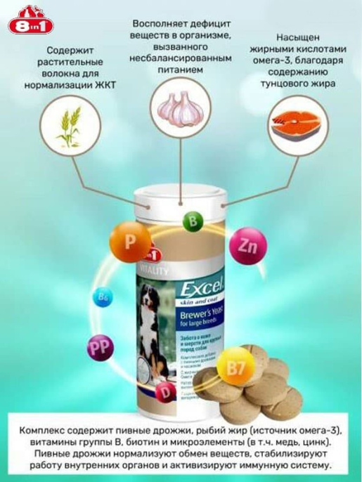 Пивные дрожжи для собак крупных пород 8in1 Excel Brewer's Yeast for Large Breed (80 таб.)