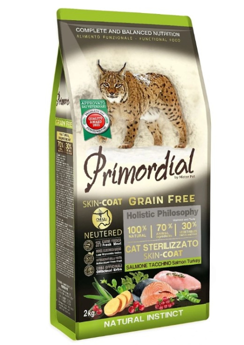 Сухой корм для стерилизованных кошек Primordial Cat Neutered Skin&Coat Adult Cat (лосось, индейка) (2 кг)