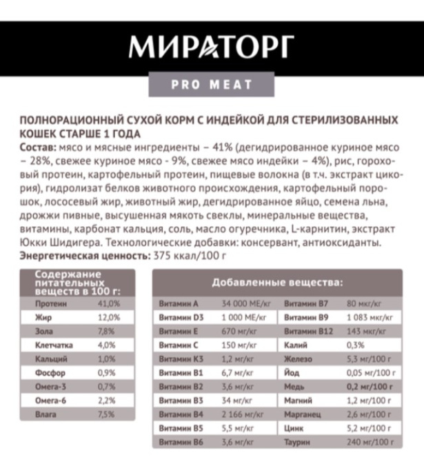 Мираторг Сухой корм для стерилизованных кошек с индейкой Pro Meat  (400 гр)