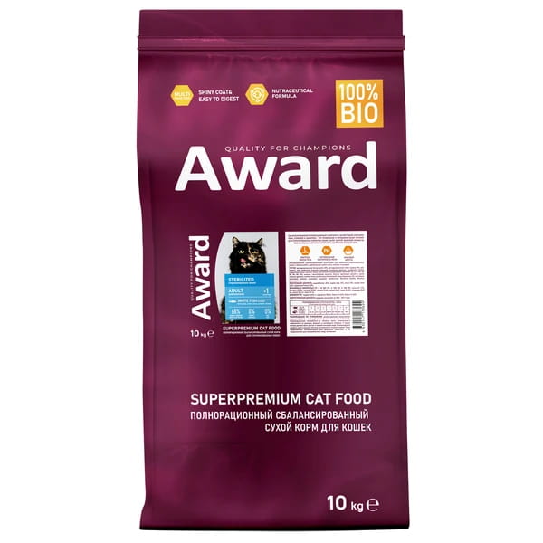 Сухой корм для кошек Award Cat Sterilized (белая рыба) (10 кг)