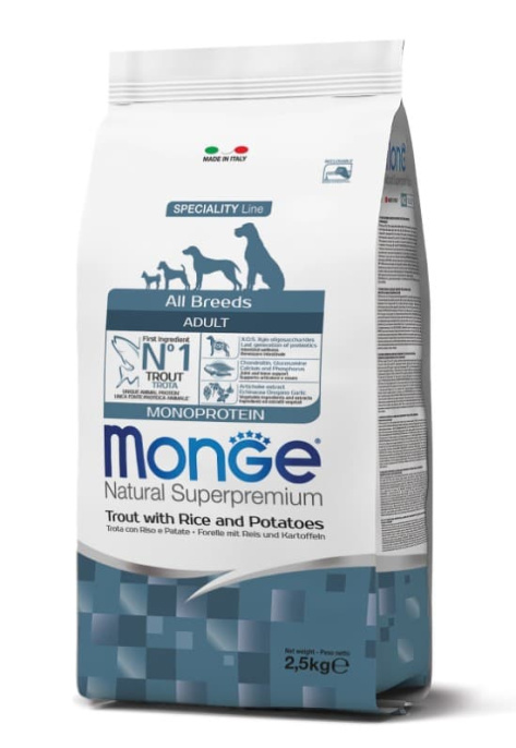 Сухой корм для собак Monge Dog Monoprotein Adult All Breeds (форель, рис) (2,5 кг)