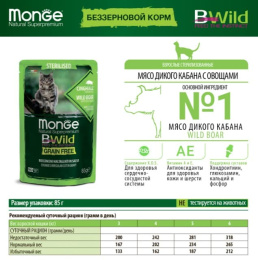 Влажный корм для кошек Monge Cat BWild Sterilised Grain Free (кабан, овощи)