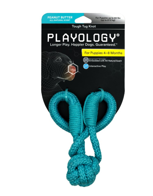 Игрушка для щенков Playology Tough Tug Knot жевательный канат с ароматом арахиса (Голубой)
