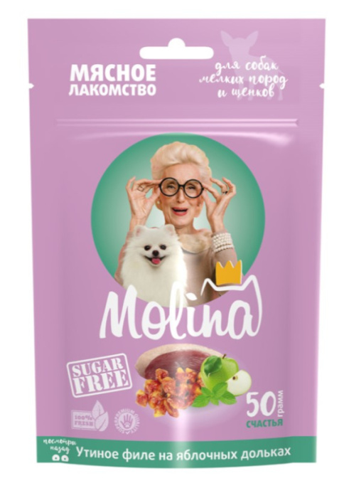 Molina Лакомство для собак мелких пород и щенков Утиное филе на яблочных дольках (50 гр.)