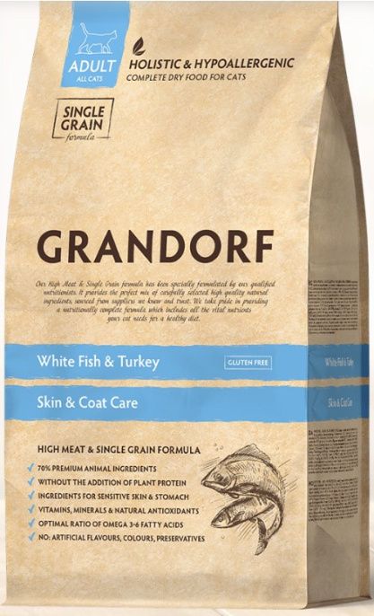 Сухой корм для кошек GRANDORF White Fish&Turkey SKIN&CARE (белая рыба, индейка) (400 гр)