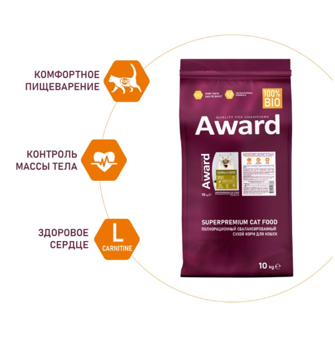 Сухой корм для кошек Award Cat Hairball & Indoor (утка, индейка) (10 кг)