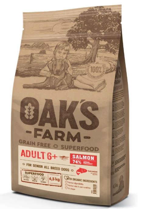 Сухой корм для зрелых собак OAK'S FARM Grain Free Adult 6+ All Breed Dogs (лосось) (6,5 кг)