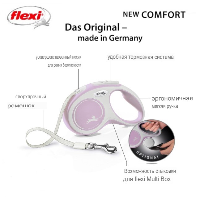 Поводок-рулетка Flexi NEW COMFORT (лента) нежно-розовый (XS, 12кг/3м)