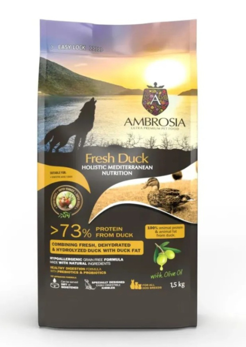 Сухой корм для взрослых собак AMBROSIA MEDITERRANEAN (утка) (1,5 кг)