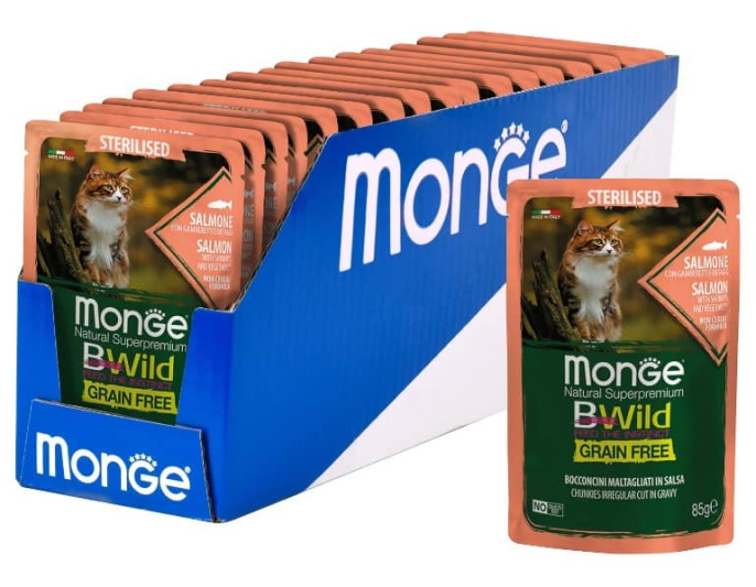 Влажный корм для кошек Monge Cat BWild Sterilised Grain Free (лосось, креветки, овощи) (85 гр.)
