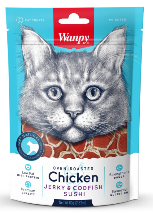 Лакомство для кошек Wanpy Cat Суши из курицы с треской (80 гр)