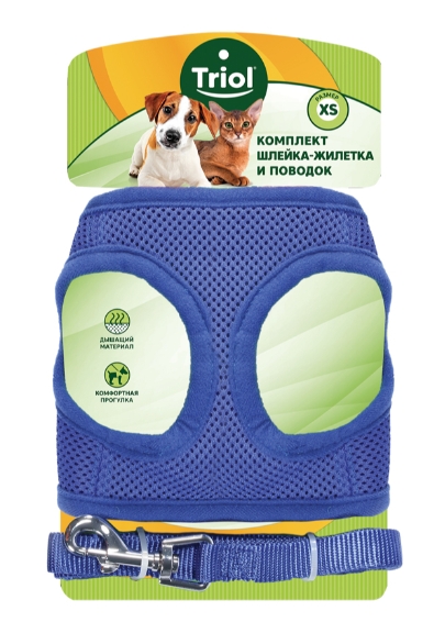 Мягкая шлейка-жилетка и поводок нейлоновый синий TRIOL (S 350 мм)